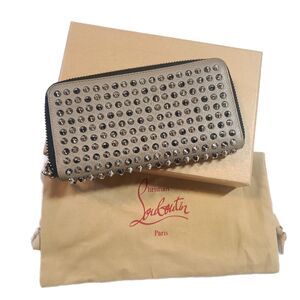 Christian Louboutin Gray Leather Silver Studded Panettone Long Wallet & Box VGUC